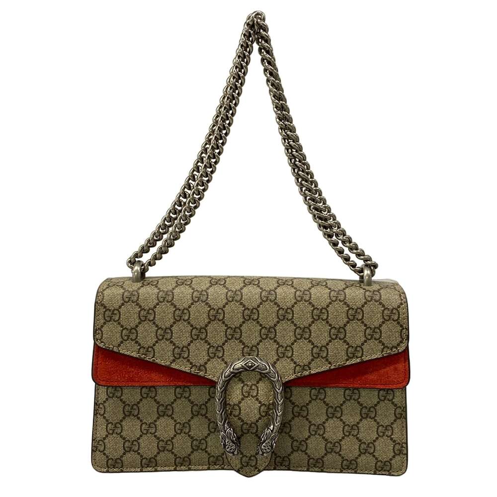 Gucci Dionysus, GG Supreme Shoulder Bag 400249 Dark Brown Beige Red PVC Suede